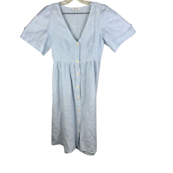 Madewell Size S Cassie Linen Button Front Midi Dress Blue White Striped Pockets - Picture 1 of 4